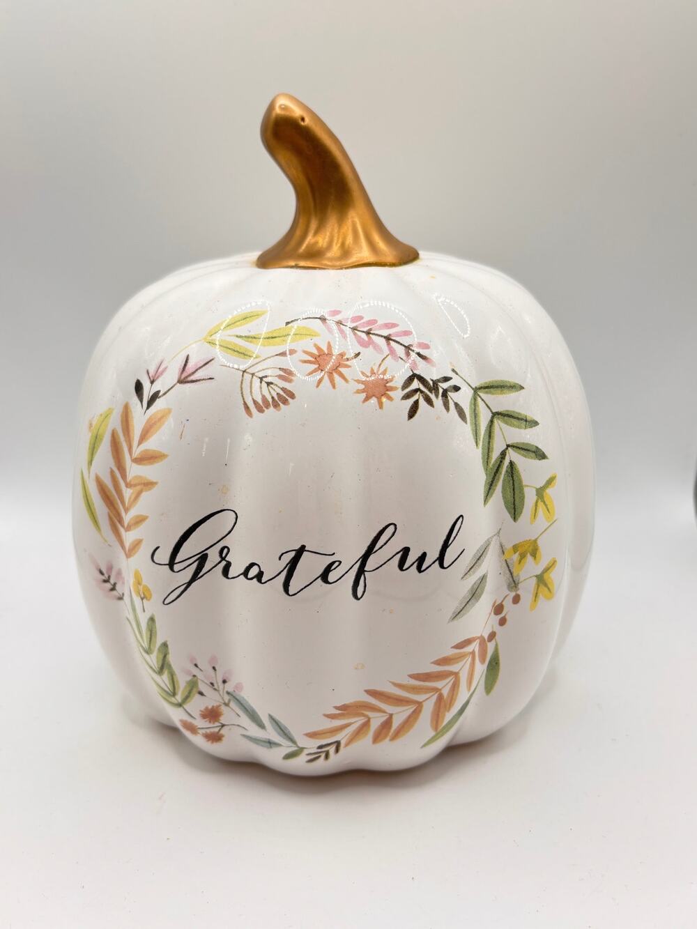 Grateful Fall Autumn Harvest Thanksgiving White Ceramic Pumpkin Table Decor 7"